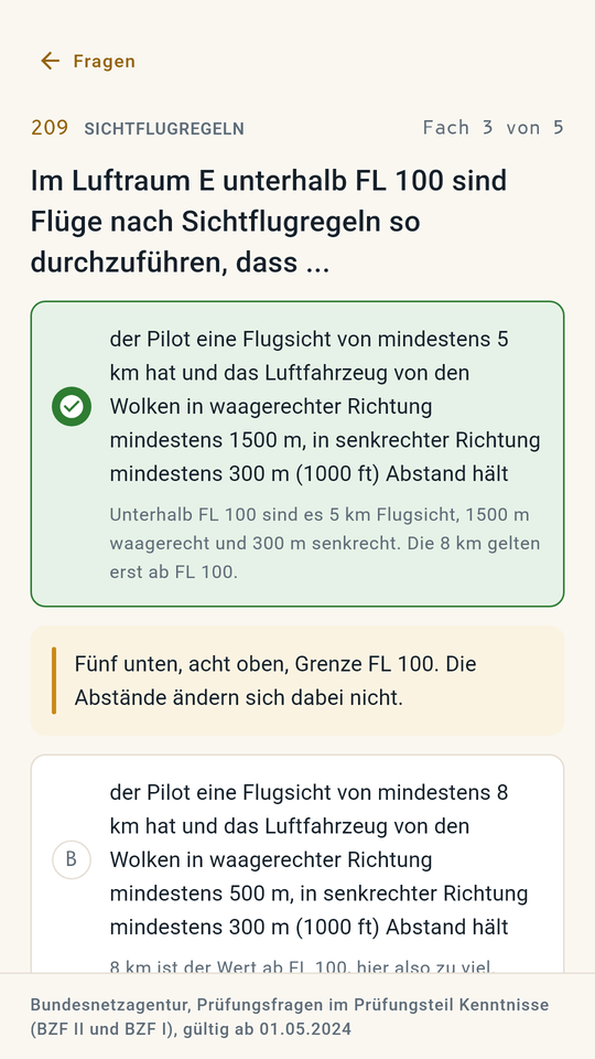 Eine Frage mit erklärter Antwort in der App BZF-Prüfung