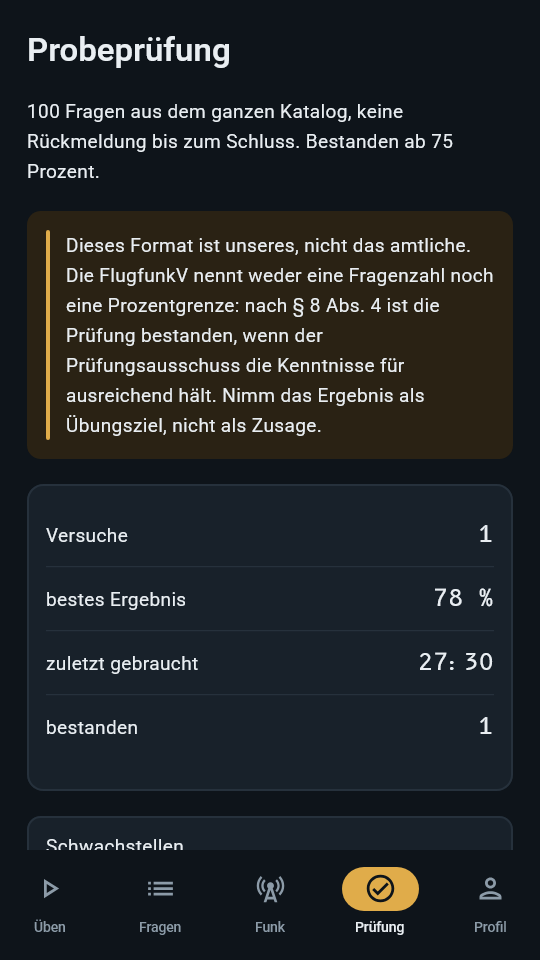 Die Probeprüfung in der App, dunkler Modus